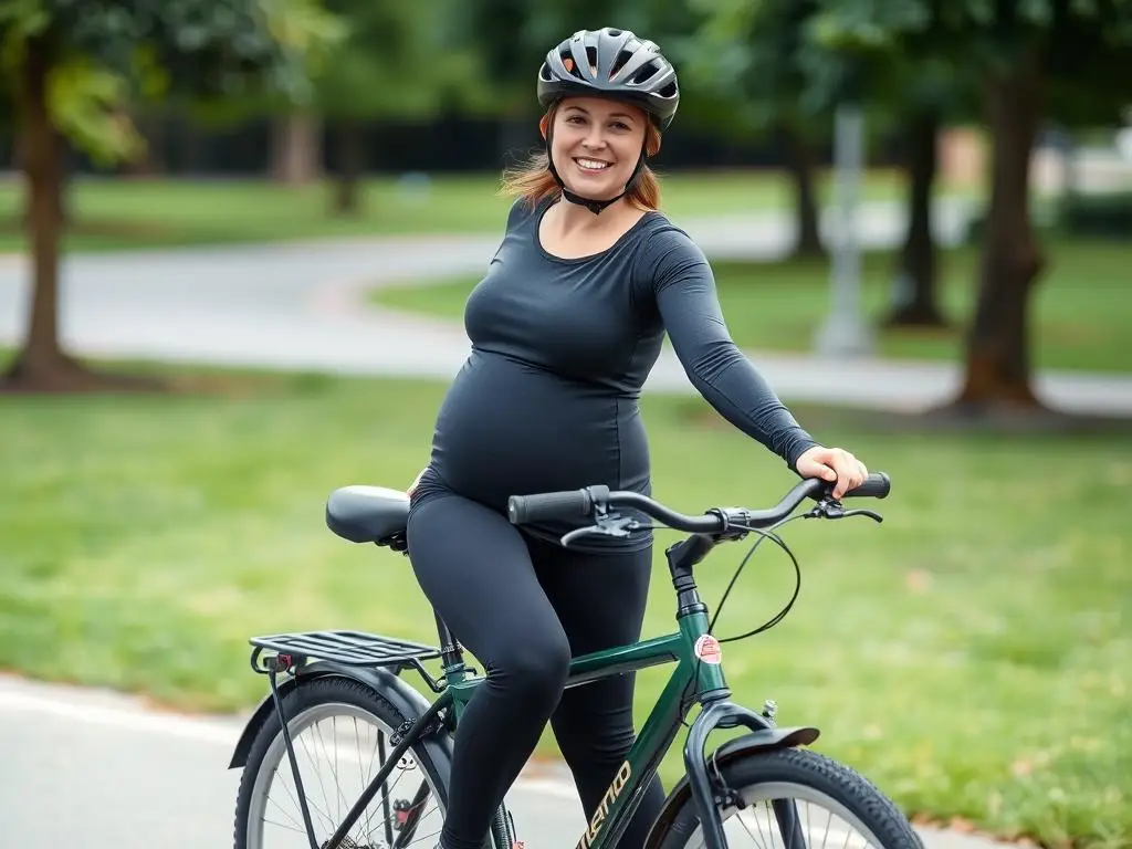 Kobieta w ciąży na specjalnie dostosowanym rowerze z odpowiednim kaskiem