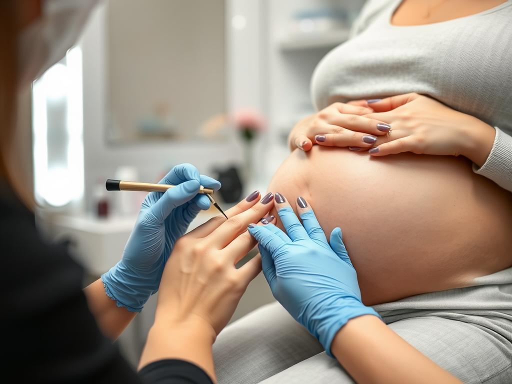 Kobieta w ciąży podczas wykonywania manicure hybrydowego w salonie kosmetycznym