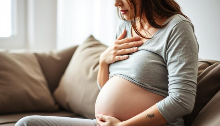 Kobieta w ciąży z kaszlem trzymająca się za gardło