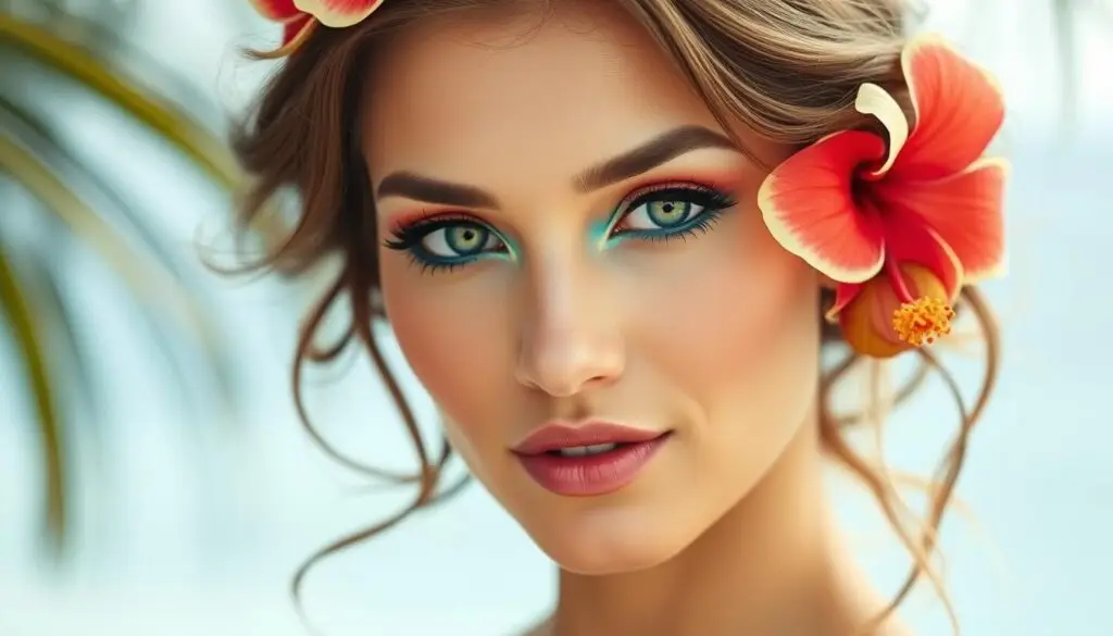 Kobieta z hawajskim makijażem i fryzurą z kwiatem we włosach