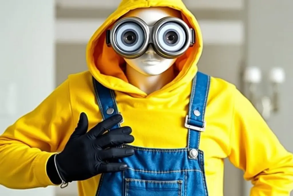 Kompletny strój minionka z okularami, żółtą bluzą i niebieskimi ogrodniczkami
