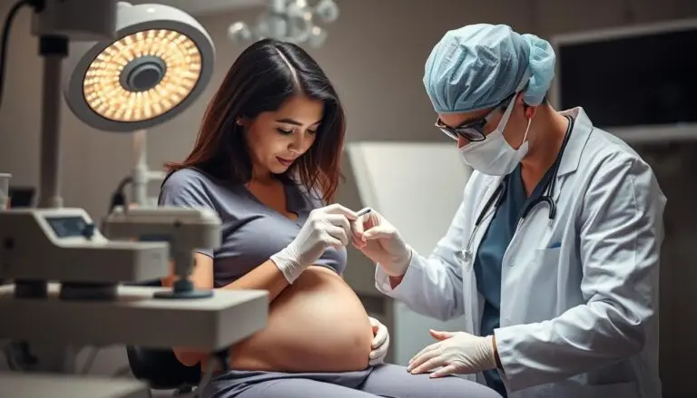 Lekarz ginekolog wykonujący badanie cytologiczne u kobiety w ciąży