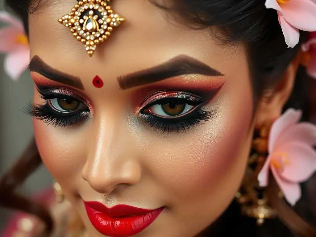 Makijaż w stylu bollywood z podkreślonymi oczami i bindi