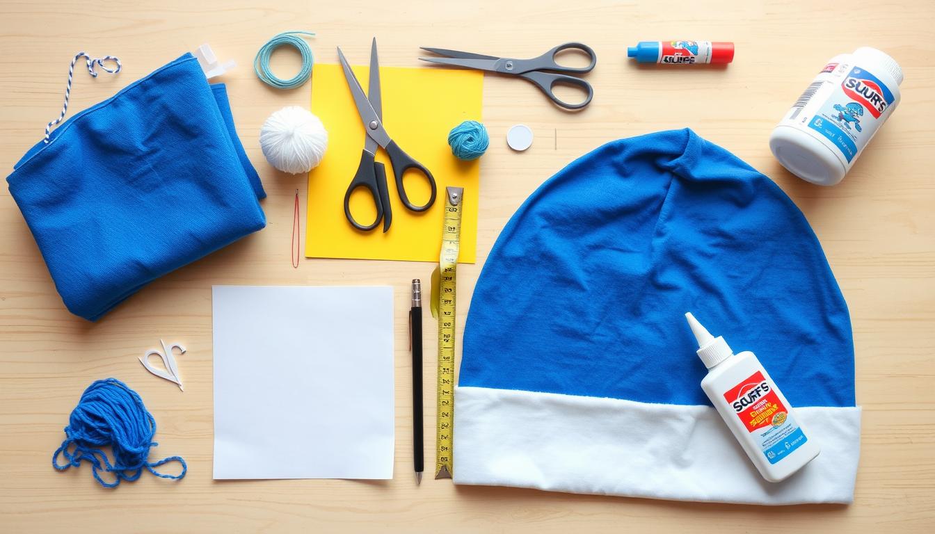 Materiały potrzebne do wykonania czapki smerfa - tkaniny, włóczka, papier, nożyczki i inne akcesoria