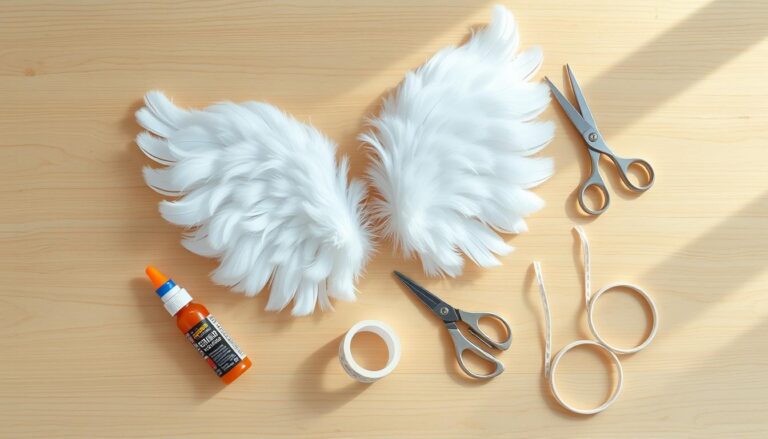 Materiały potrzebne do wykonania skrzydeł anioła rozłożone na stole: karton, pióra, klej, nożyczki, taśma i gumki