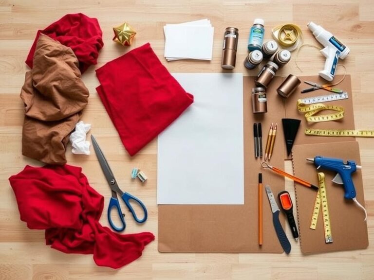 Materiały potrzebne do wykonania stroju boga greckiego Aresa rozłożone na stole, w tym czerwone i brązowe tkaniny, pianka EVA, farby metaliczne i narzędzia