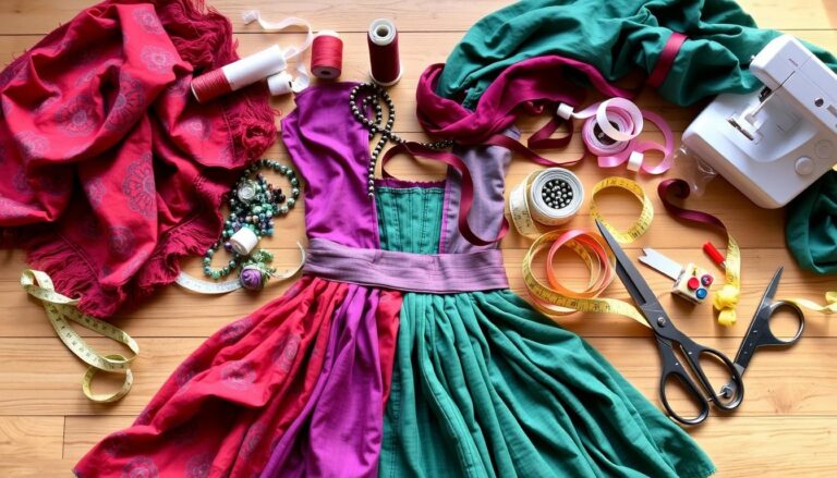 Materiały potrzebne do wykonania stroju cyganki - kolorowe tkaniny, nici, wstążki i akcesoria