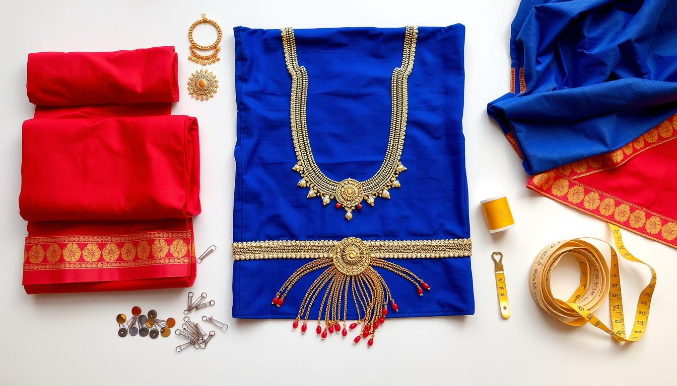 Materiały potrzebne do wykonania stroju hinduskiego, w tym kolorowe tkaniny, ozdoby i biżuteria