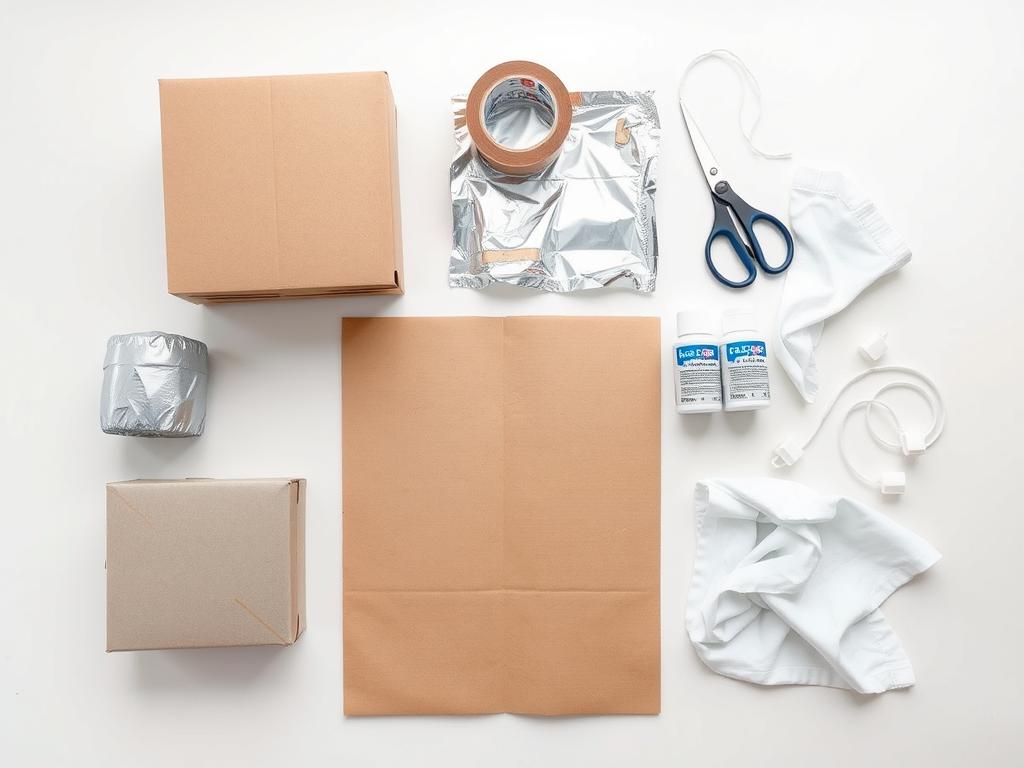 Materiały potrzebne do wykonania stroju kosmicznego dla dziecka, w tym karton, folia aluminiowa, taśmy i farby