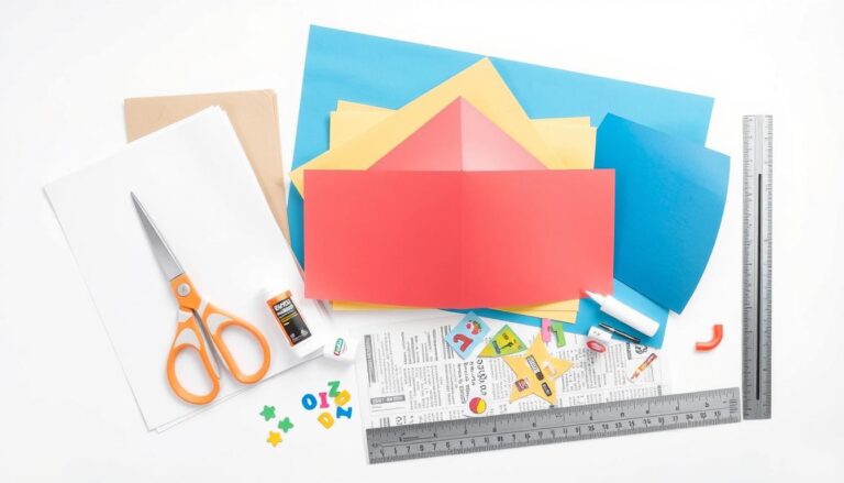 Materiały potrzebne do zrobienia kapelusza z papieru: różne rodzaje papieru, nożyczki, klej i ozdoby