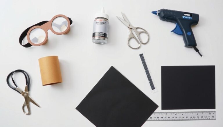 Materiały potrzebne do zrobienia okularów minionka rozłożone na stole