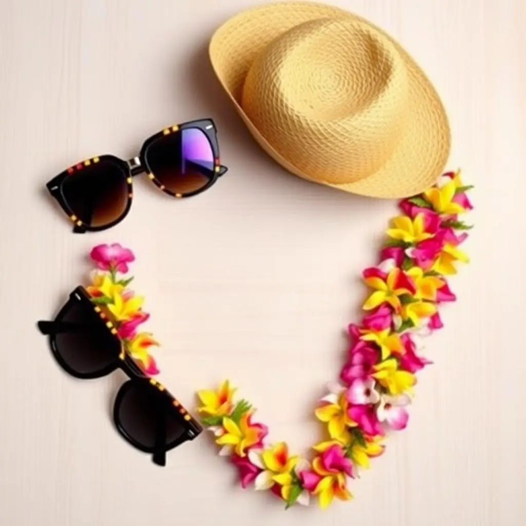 Męskie dodatki do stylizacji hawajskiej - słomkowy kapelusz, okulary i naszyjnik lei