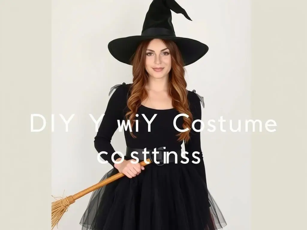 Osoba w kostiumie czarownicy z tiulową spódnicą i kapeluszem
