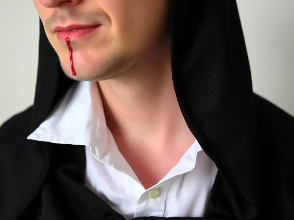 Osoba w kostiumie wampira z peleryną i bladym makijażem