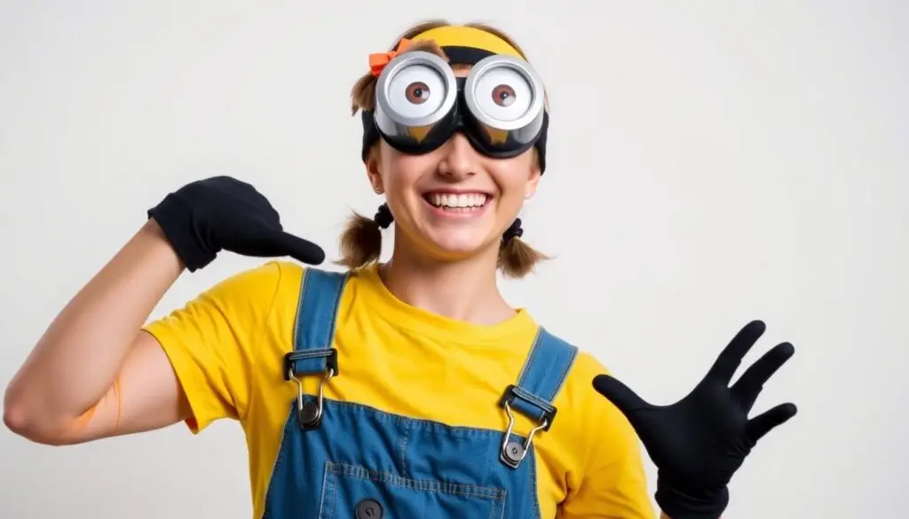 Osoba w pełnym stroju minionka z własnoręcznie wykonanymi okularami