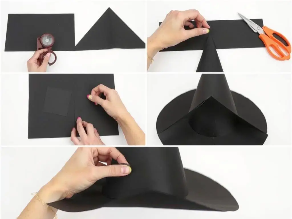 Osoba wykonująca kapelusz czarownicy z czarnego kartonu
