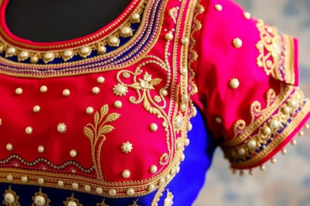 Ozdobiona cekinami i haftami choli do stroju hinduskiego