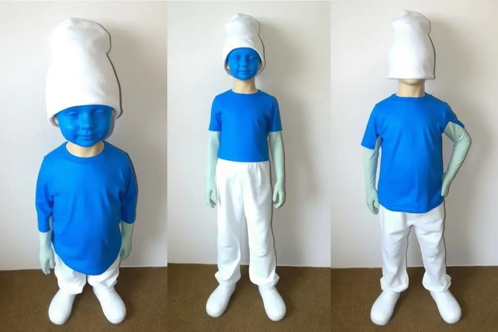 Pełny strój smerfa z charakterystyczną białą czapką