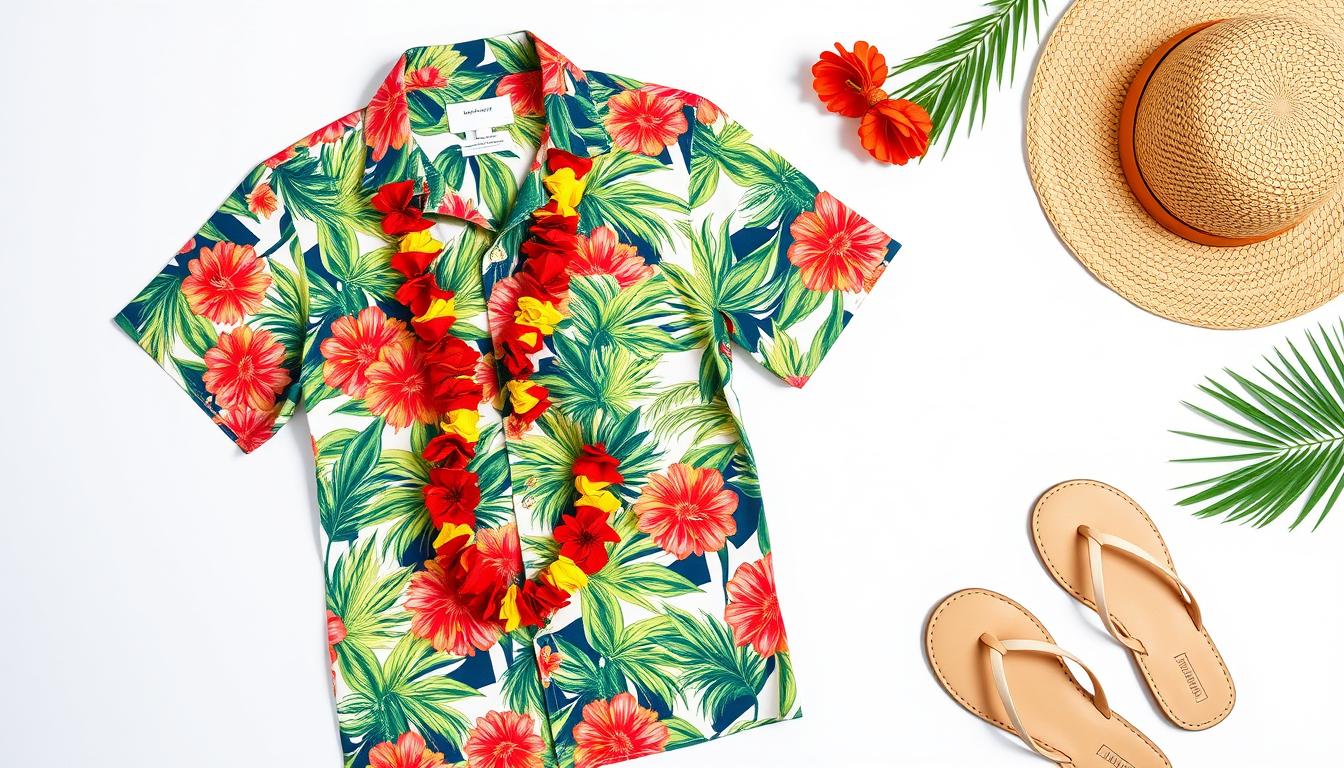 Podstawowe elementy stroju hawajskiego - koszula z tropikalnym wzorem, naszyjnik z kwiatów i słomkowy kapelusz