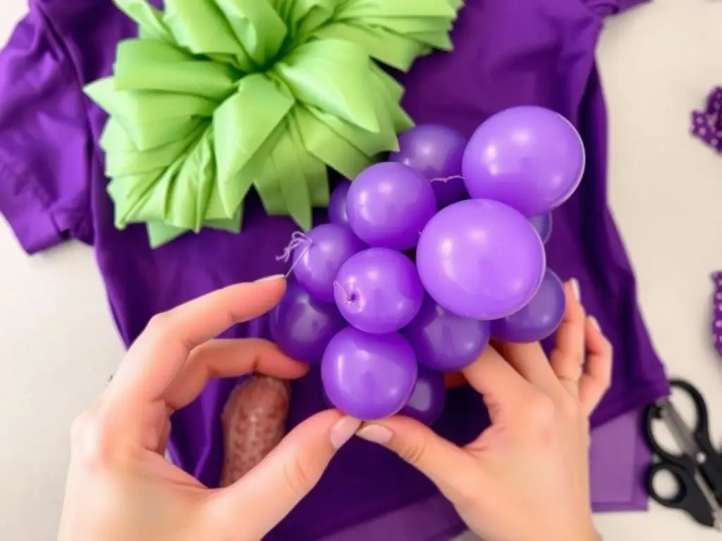 Proces mocowania balonów do koszulki przy tworzeniu kostiumu winogron