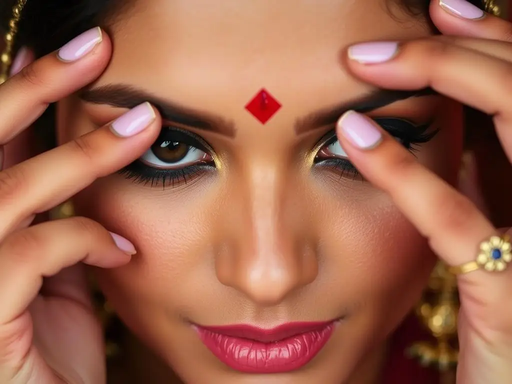 Proces nakładania bindi - charakterystycznego elementu stroju hinduskiego