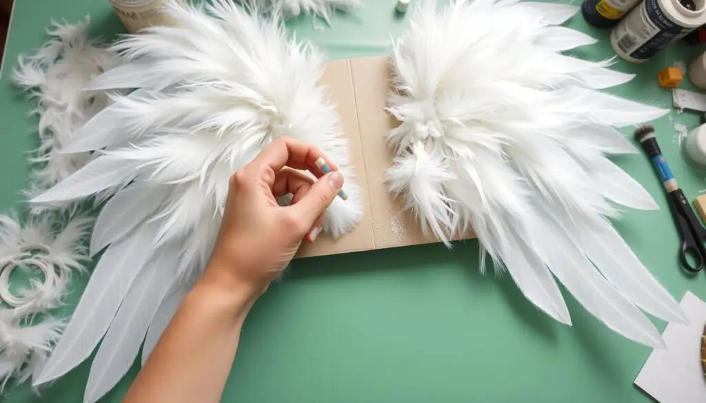 Proces ozdabiania skrzydeł anioła piórami i brokatem