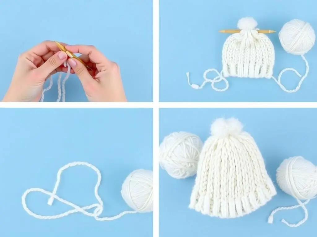 Proces robienia czapki smerfa na drutach z białej włóczki