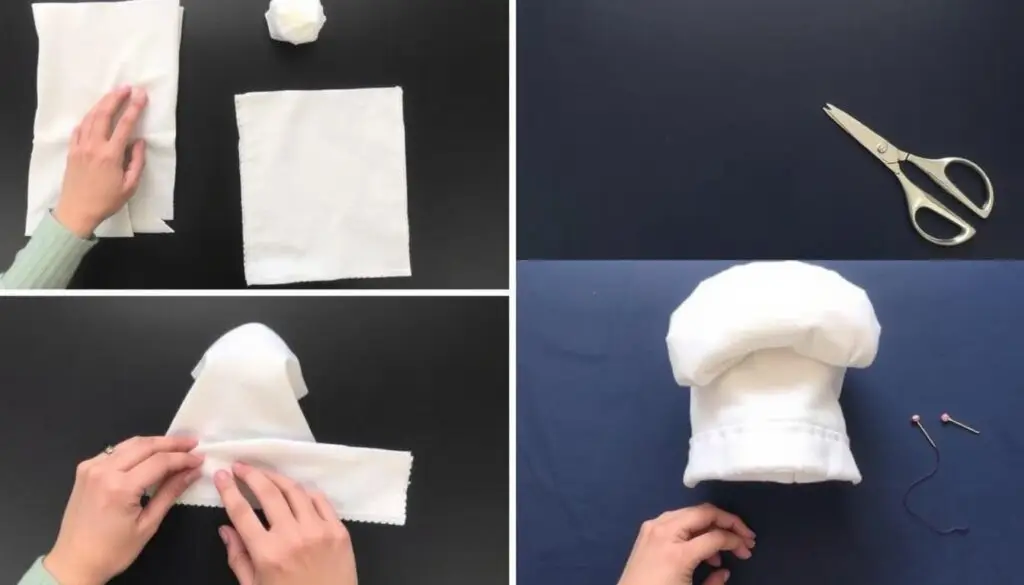 Proces szycia czapki smerfa z białej tkaniny krok po kroku