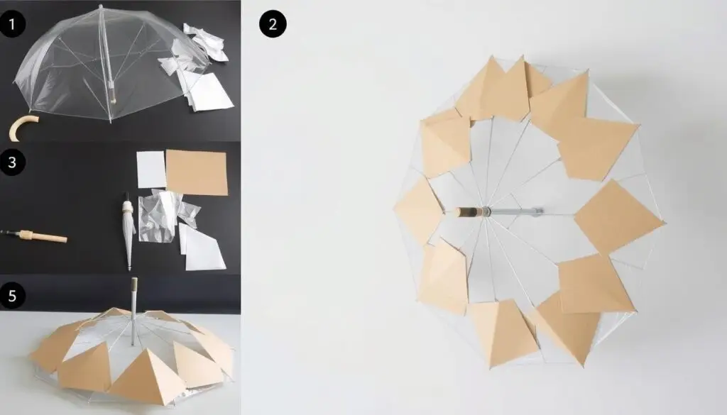 Proces tworzenia konstrukcji UFO z przezroczystej parasolki i kartonu
