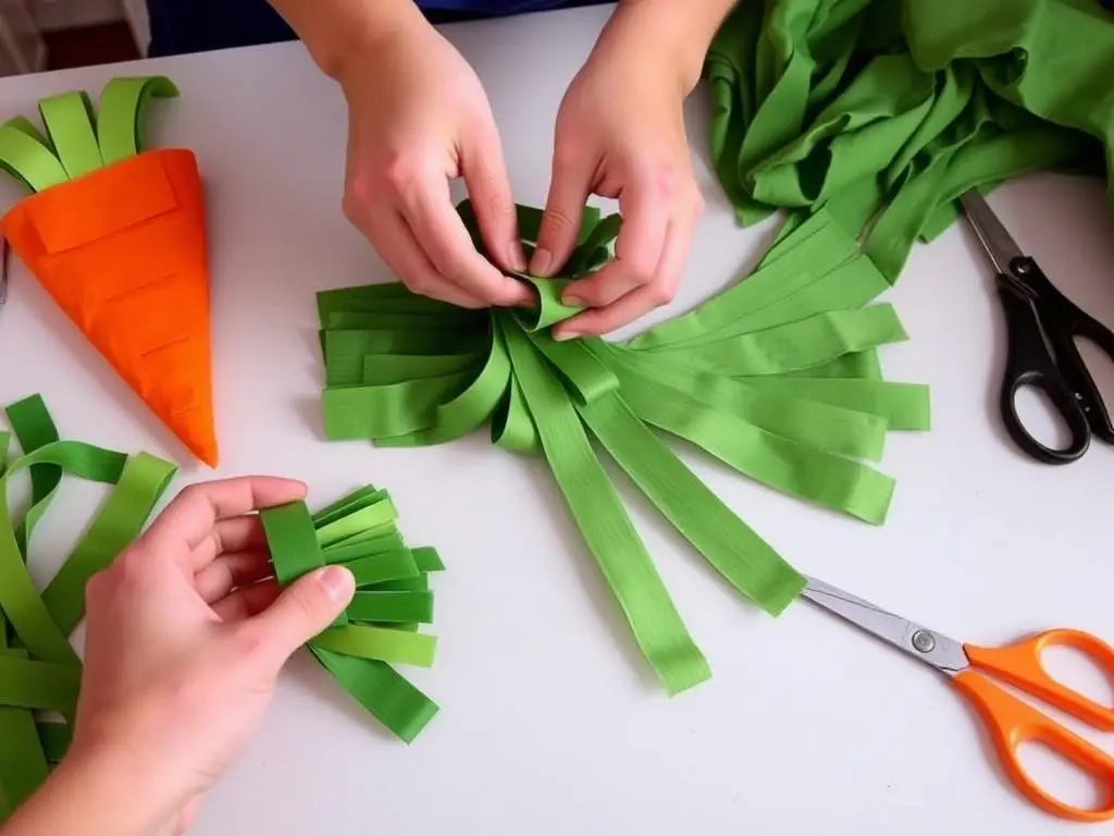 Proces tworzenia natki do kostiumu marchewki z zielonego materiału