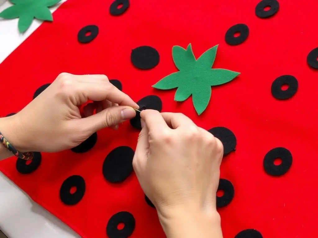 Proces tworzenia przebrania truskawki - przyszywanie czarnych nasionek do czerwonego materiału