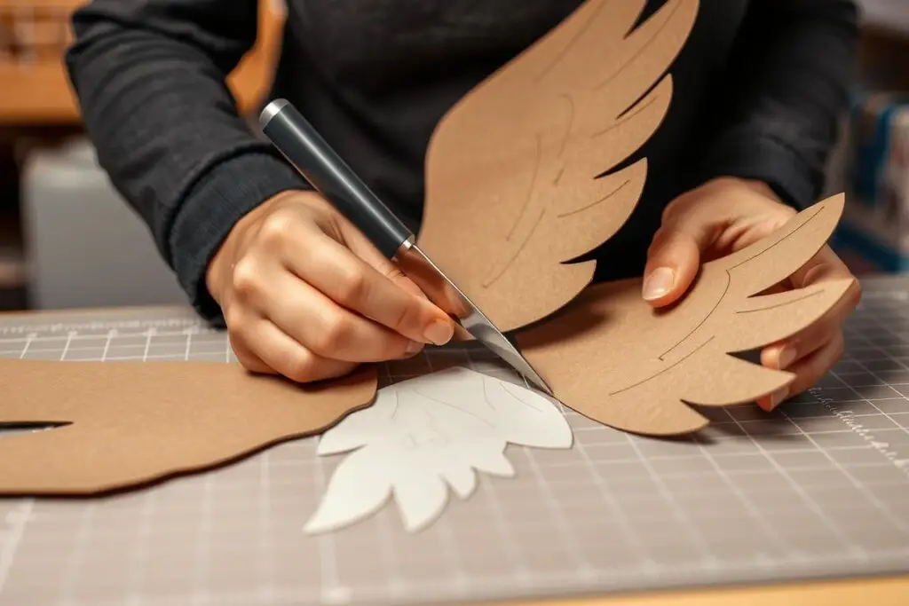 Proces wycinania skrzydeł anioła z kartonu za pomocą noża do cięcia
