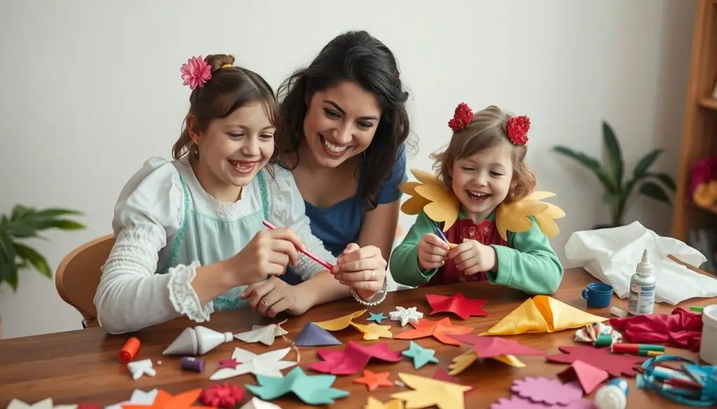 Rodzic z dzieckiem wspólnie wykonujący elementy stroju postaci z bajki