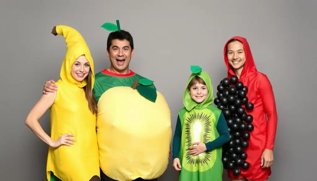 Rodzina w tematycznych kostiumach owocowych tworzących spójny zestaw