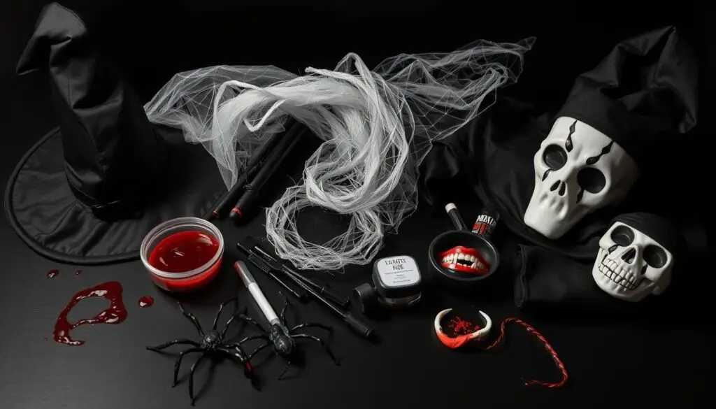 Różne akcesoria do strojów na Halloween rozłożone na stole