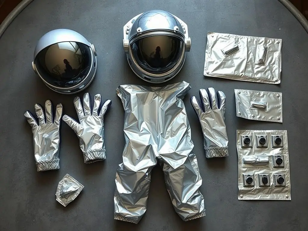 Różne elementy stroju kosmicznego wykonane z folii aluminiowej