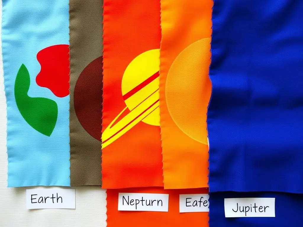 Różne kolory tkanin odpowiadające różnym planetom Układu Słonecznego