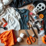Różne materiały do wykonania stroju na Halloween rozłożone na stole