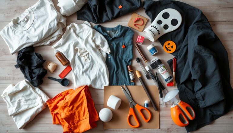 Różne materiały do wykonania stroju na Halloween rozłożone na stole