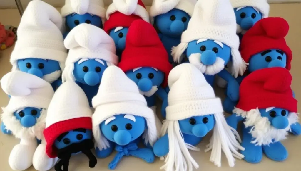Różne wersje czapek smerfa wykonane różnymi technikami - z tkaniny, włóczki i papieru
