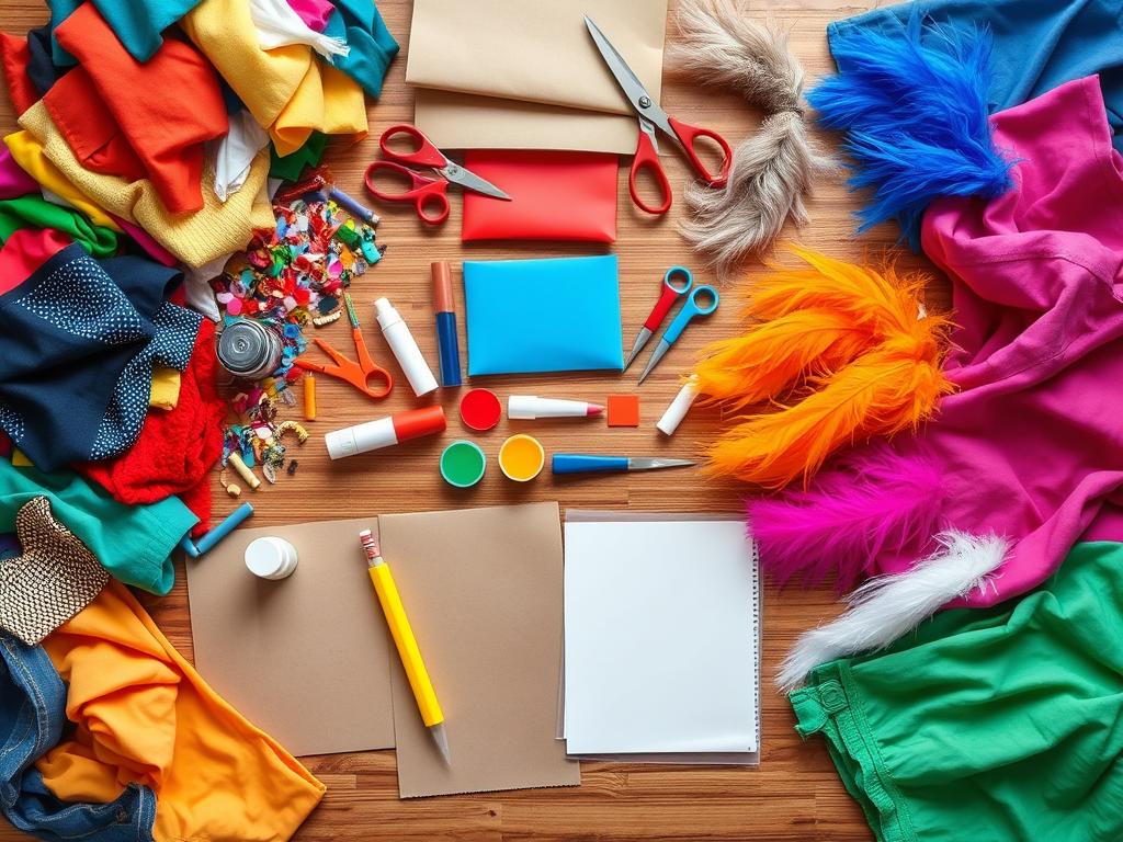Różnorodne materiały do wykonania stroju karnawałowego dla dorosłych rozłożone na stole