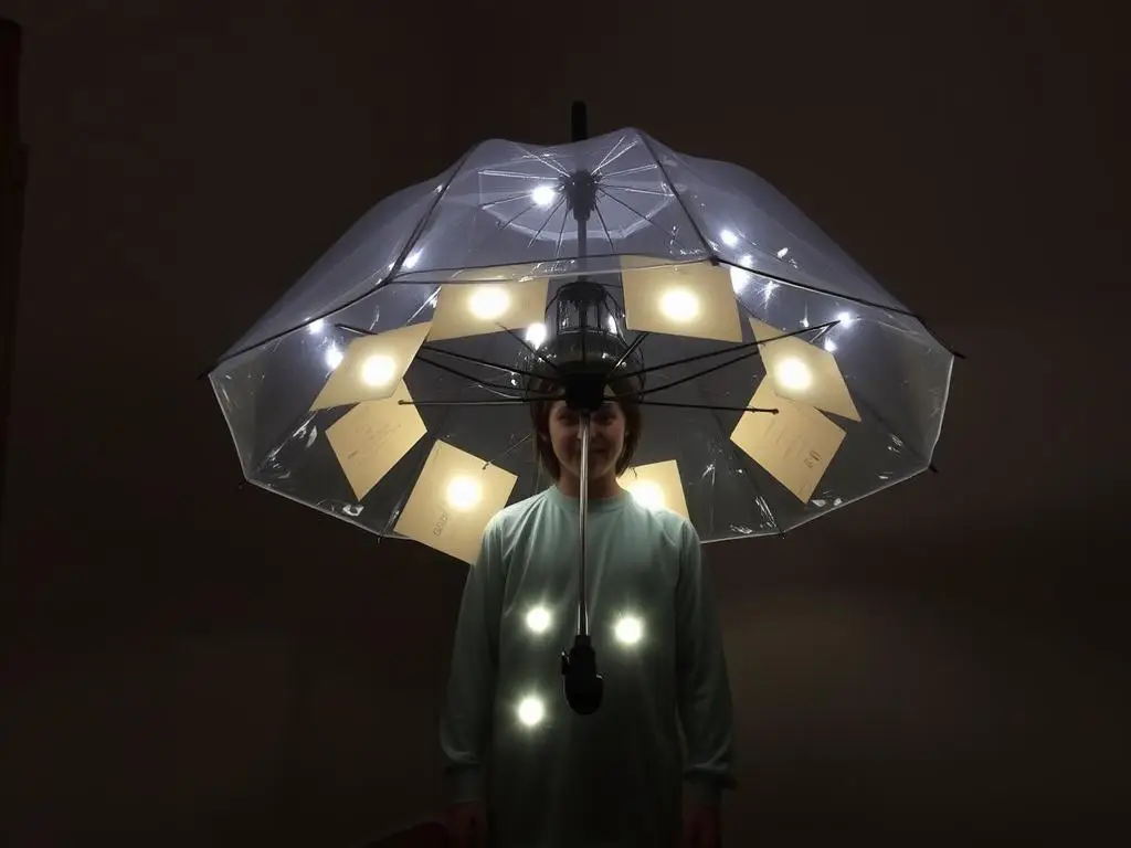 Strój UFO z zamontowanymi lampkami LED świecący w przyciemnionym pomieszczeniu