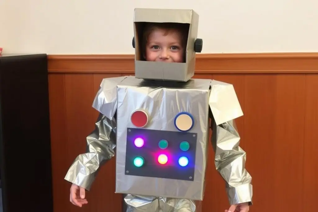 Strój robota kosmicznego wykonany z pudełek oklejonych folią aluminiową