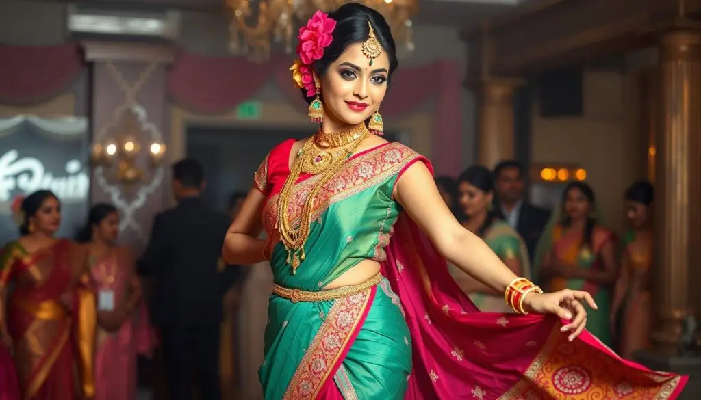 Stylizacja w stylu bollywood z bogatymi zdobieniami i makijażem