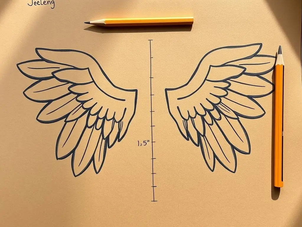 Szablon skrzydła anioła narysowany na kartonie z zaznaczonymi wymiarami