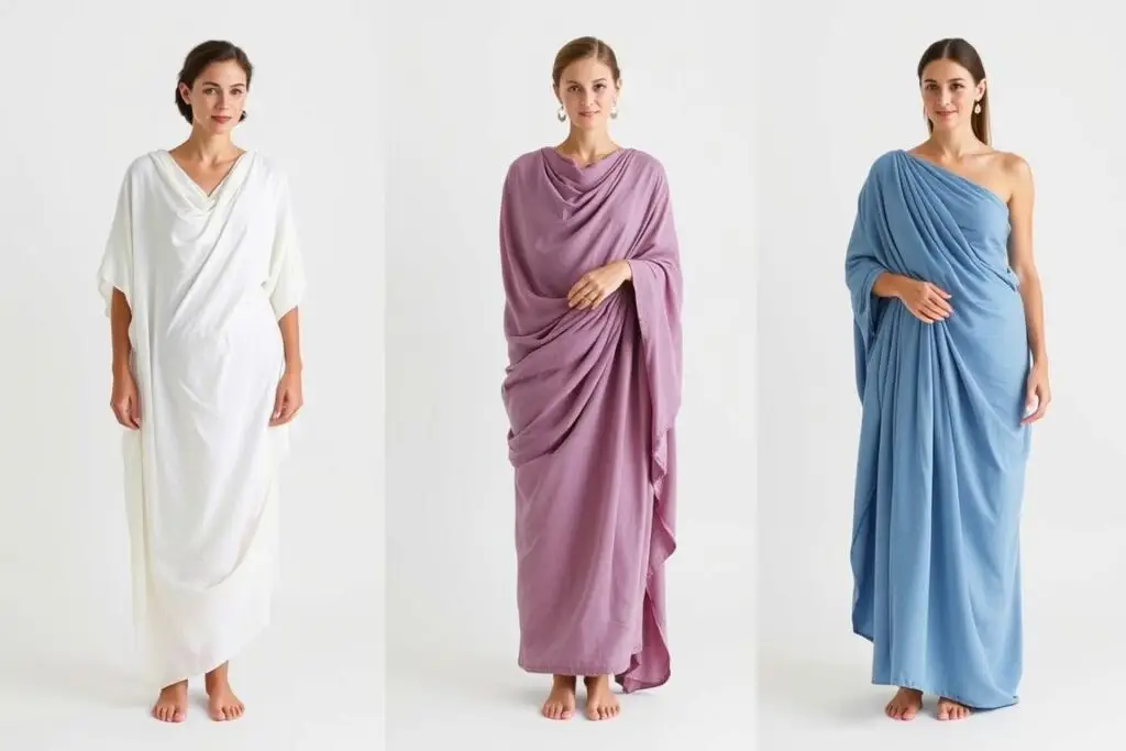 Trzy różne warianty stroju greckiego z prześcieradła Trzy różne warianty stroju greckiego z prześcieradła