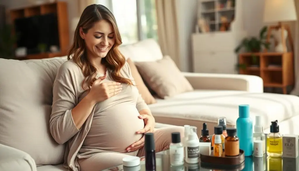 Uśmiechnięta kobieta w ciąży dbająca o siebie w domu