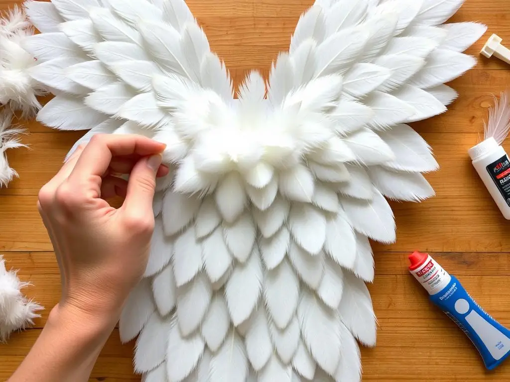 Zbliżenie na technikę przyklejania piór do skrzydeł anioła