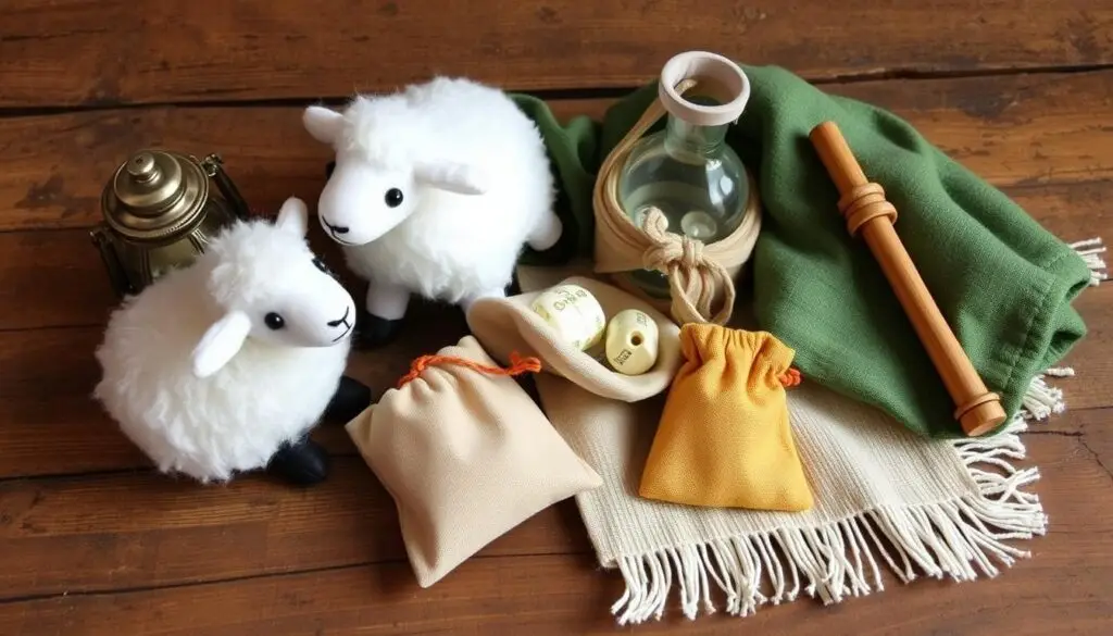 Zestaw rekwizytów dla pasterza - owca, latarnia, bukłak, instrument muzyczny