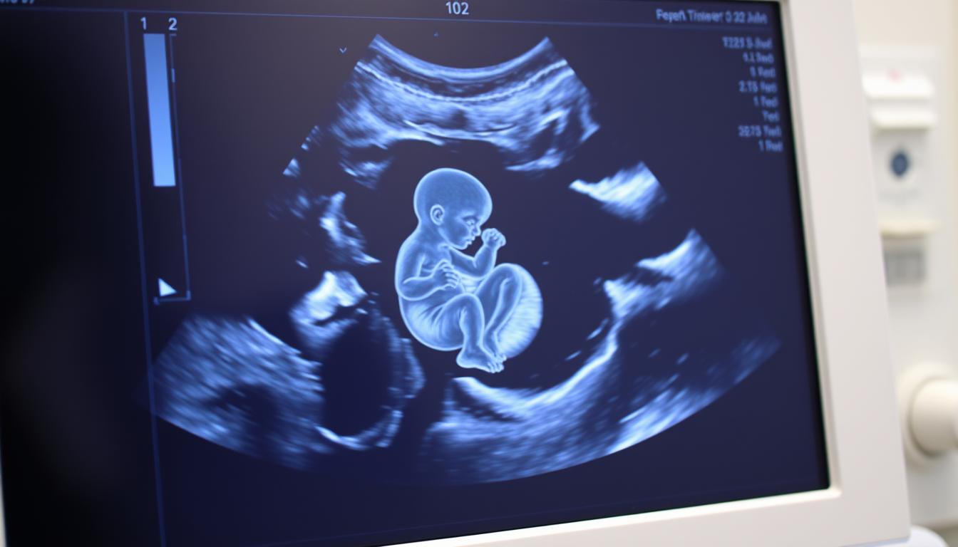 Badanie USG ciąży, na którym widoczny jest płód w drugim trymestrze